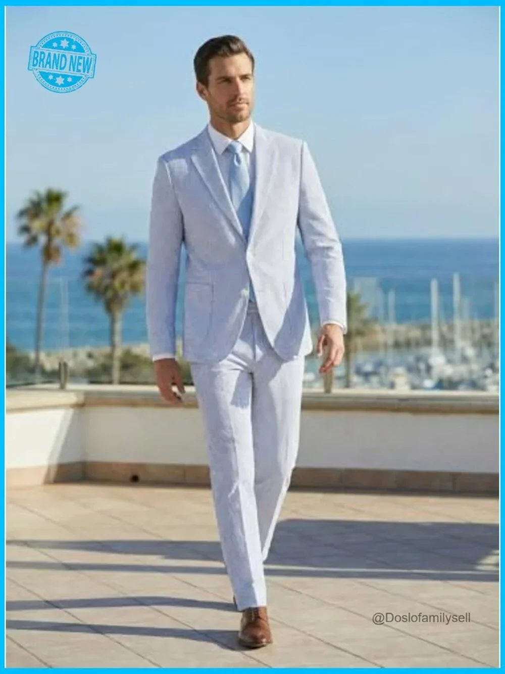 Seersucker Summer Suit Slim Fit Formal Wedding Grooms Elegant Lightweight